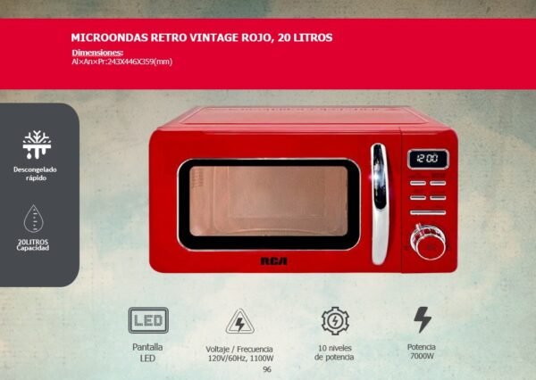 MICROONDAS RETRO VINTAGE ROJO, 20 LITROS